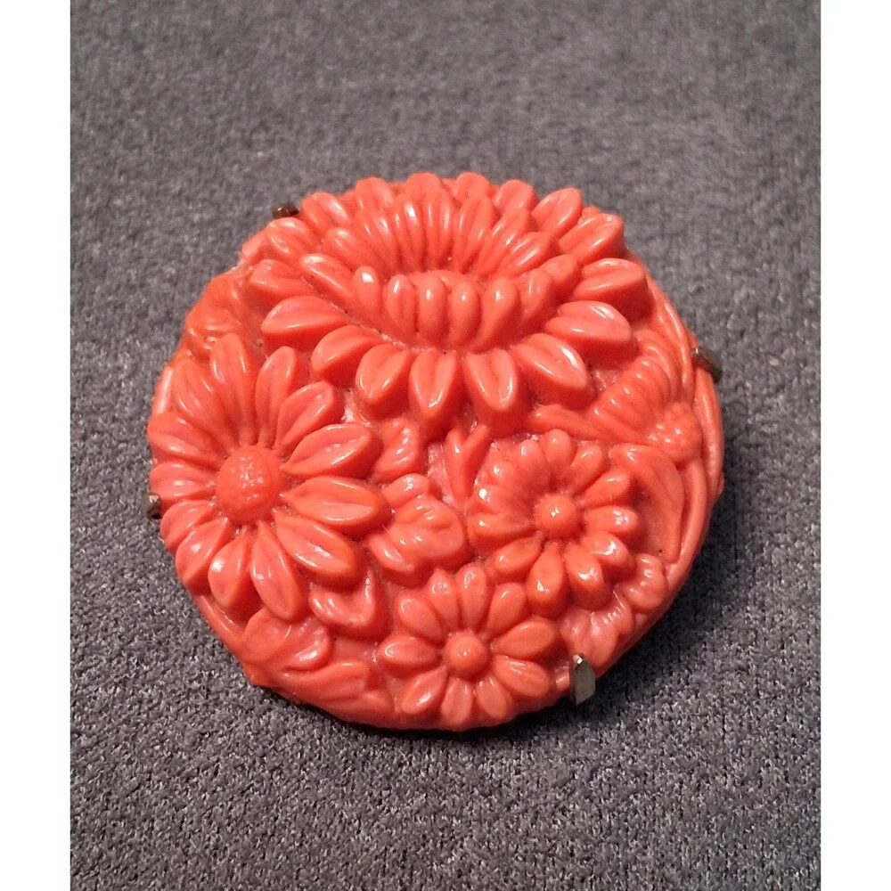 Carved Coral Glass Flowers Brooch Vintage Pin